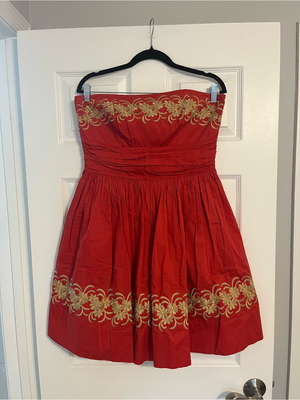 Girls From Savoy Strapless Red Dress with Gold Embroidered Trim